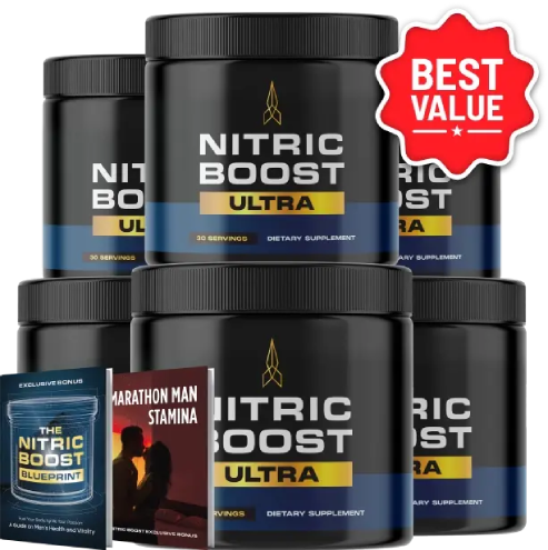 Nitric Boost Ultra product with 2 free digital bonuses showing complete supplement package for purchase and maximum results